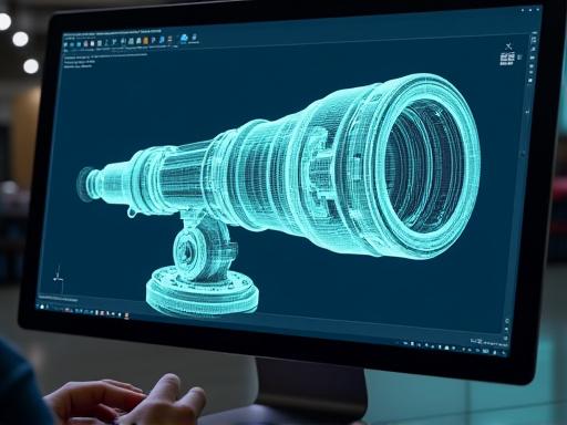 A computer screen displaying a complex 3D CAD model of a telescope.