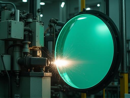 A large optical grinding machine polishing a giant glass mirror blank.