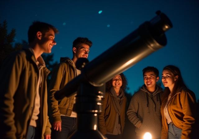 A group of students looking through a large dobsonian telescope at night.