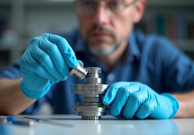 An engineer carefully adjusting the components of a telescope's secondary mirror.